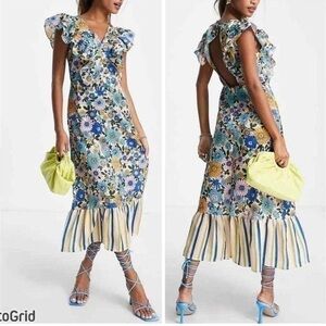 TOPSHOP Dress Women 8 Blue Pink Mix and Match Stripe Floral Retro Midi NEW